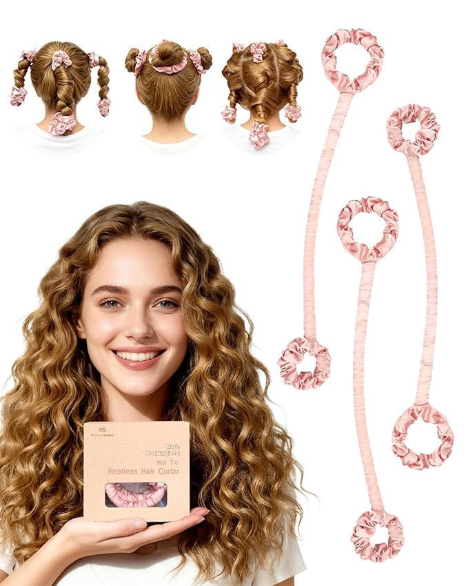 BONNET QUEEN 3 Pack Small Satin Heatless Hair Curler for Medium to Long Thick Hair, Heatless Curls Overnight, Hair Curlers to Sleep In, Damage-Free Small Curls with Built-in Scrunchie, Cream Pink