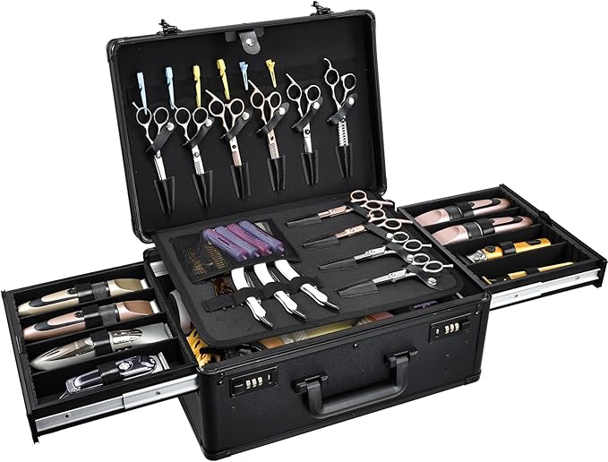 Yueieoun Barber Case with Clippers Sliding Tray, Profesional Barbers Briefcase Tool Case, Barber Cases for Clippers and Supplies, Hair Scissors Trimmer Organizer, Salon Grooming Hard Travel Suitcase