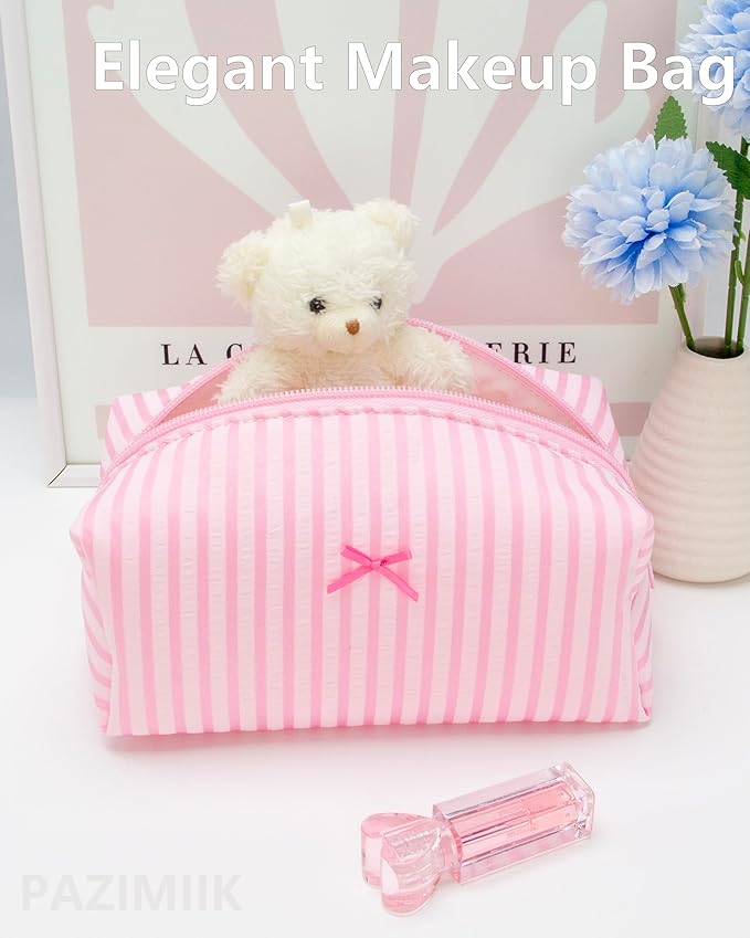 Cozy Makeup Bag for Women,Zipper Cosmetic Pouch,Stripe Cute Pink,6 Pack