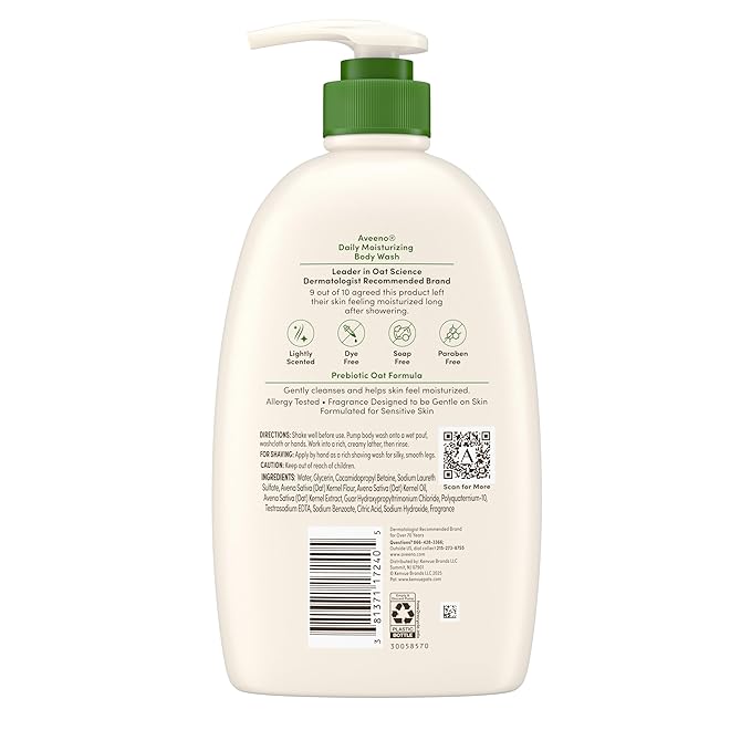 Aveeno Daily Moisturizing Body Wash for Normal to Dry Skin, Sensitive Formula with Prebiotic Oat, Gently Cleanses Dry Skin, Lightly Scented Body Wash for Women and Men, Value Size 33 fl. Oz