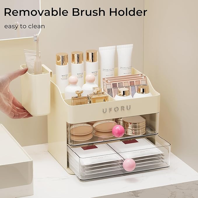 UFORU Makeup Organizer for Vanity with Brush Holder, Countertop Skincare Organizer with 2 Drawers, Spacious Cosmetic Display Case for Perfumes, Eyeshadow Palettes, Nail Polishes