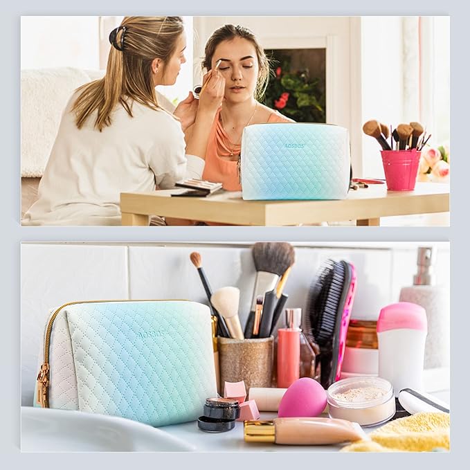 Aosbos Small Makeup Bag Travel Size Makeup Bag Cosmetic Travel Bag Cute Makeup Bags for Women Makeup Pouch Make Up Bag for Purse Gradient Green White