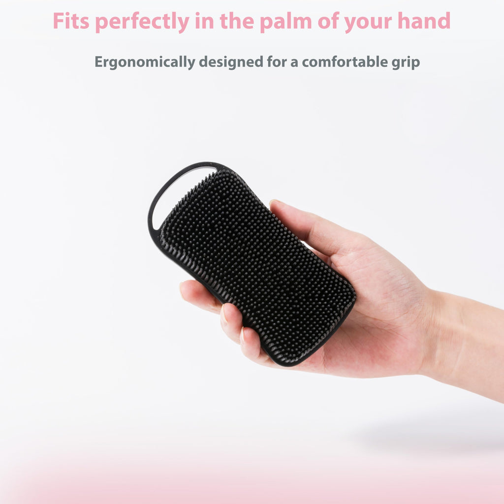 MtBoi 2 PC Silicone Body Scrubber, 2 in 1 Exfoliating Shower Bath Scrubber, Soft Silicone Loofah for Sensitive Skin, Shower Hair Scalp Massager, Easy to Clean, Lather Well (Black&Pink)