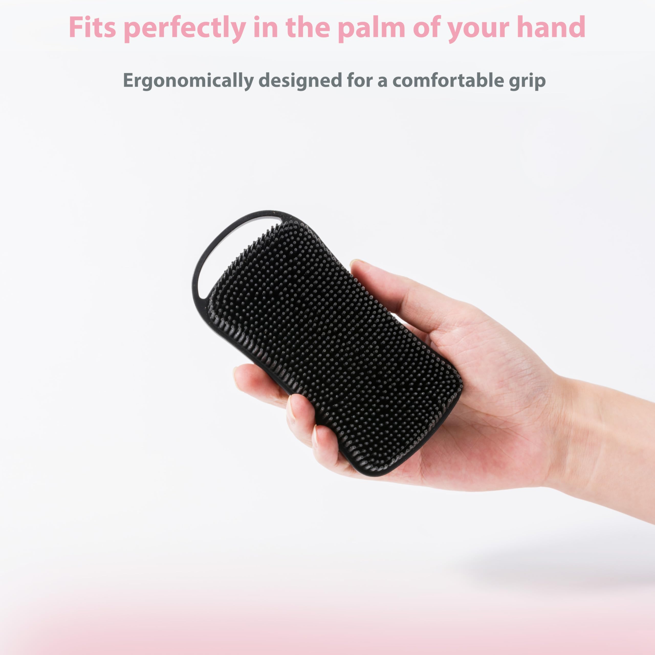 MtBoi 2 PC Silicone Body Scrubber, 2 in 1 Exfoliating Shower Bath Scrubber, Soft Silicone Loofah for Sensitive Skin, Shower Hair Scalp Massager, Easy to Clean, Lather Well (Black&Pink)
