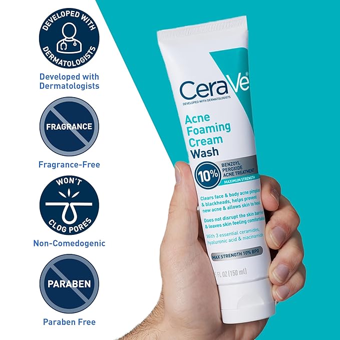 CeraVe Acne Foaming Cream Wash, 10% Benzoyl Peroxide Facial Cleanser, 5oz