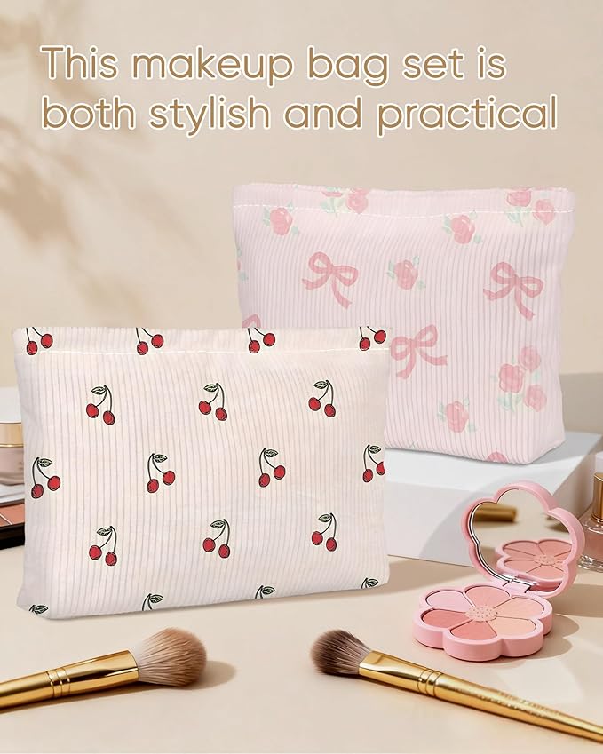 Ksriylm Cute Red Cherry Makeup Pouch for Women Small Make Up Beige Cherries Pattern Bag for Purse Zipper Initial Makeup Cosmetic Bags Pouches for Purse Aesthetic Travel Toiletry Bags