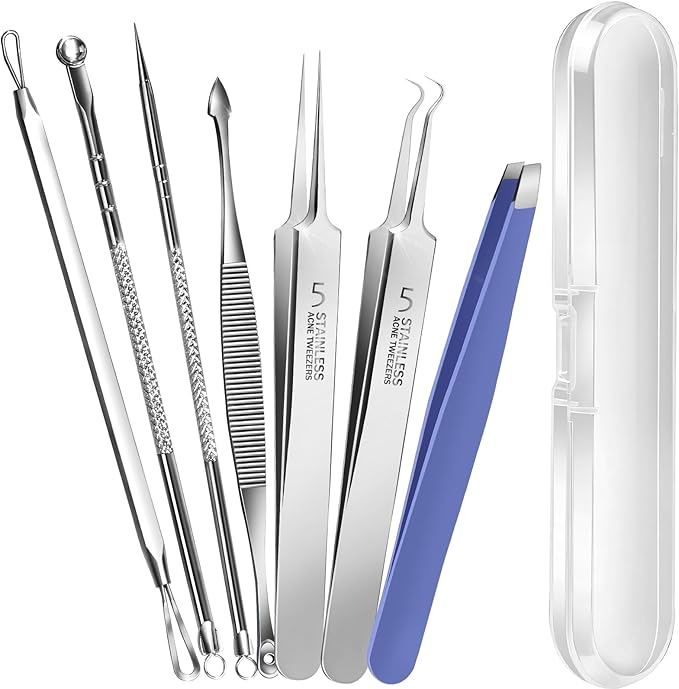 Teenitor 7 Pcs Pimple Popper Tool Kit, Surgical Grade Blackhead Remover Tools, Ingrown Hair Tweezers, Blackhead Extractor Pimple Extractor, Black Head Remover