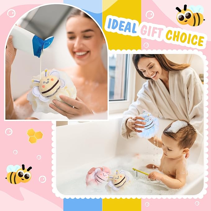 4 Pcs Bee Bath Loofah Sponge Cartoon Body Scrubber Loofah Soft Mesh Exfoliating Bath Scrubber Shower Ball for Shower Sponge Gifts Exchange Birthday Party