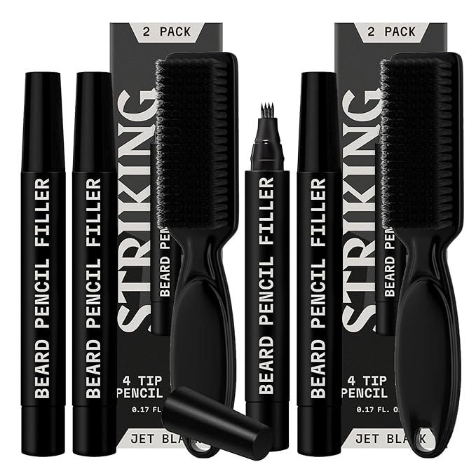 4 Pack Beard Filling Pen Kit with 4 Tips - Waterproof Beard Pencil for Men, Fill, Shape & Define with Brush - Striking Viking (Jet Black)