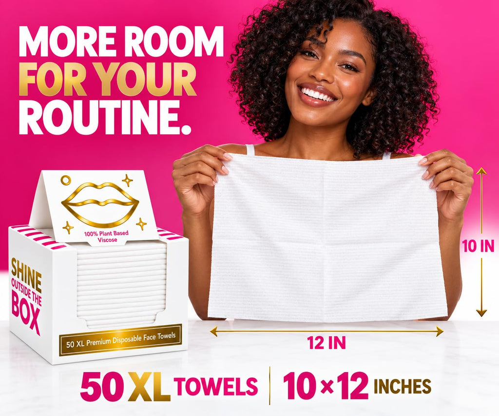 Shimmer Anna Shine XL Disposable Face Towels – 50 Count Ultra-Soft Lint-Free Dry Facial Wipes, 100% Viscose Towels for Skincare, Makeup Removal & Sensitive Skin