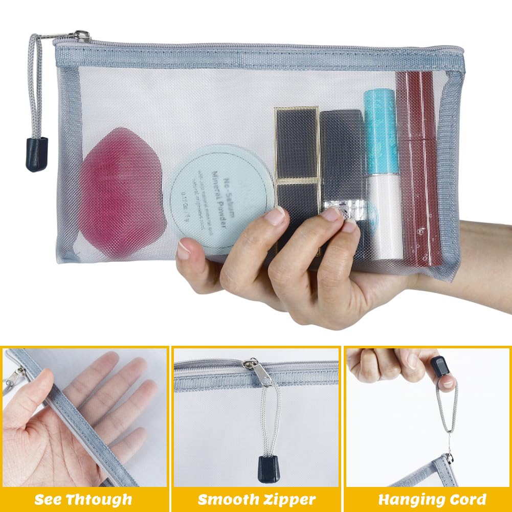 besharppin Small Mesh Cosmetic Bags, 6pcs Nylon Makeup Pouches with Zipper for Home Office Purse Diaper Bag (Grey)