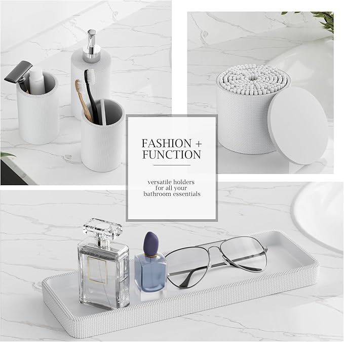 InnJoey 6-Piece White Bathroom Set - Mesh Textured Resin Bathroom Accessories Set with Soap Dispenser, Toothbrush Holder, Cup, Vanity Tray & Apothecary Jars for Small Spaces