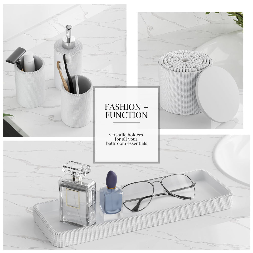 InnJoey 6-Piece White Bathroom Set - Mesh Textured Resin Bathroom Accessories Set with Soap Dispenser, Toothbrush Holder, Cup, Vanity Tray & Apothecary Jars for Small Spaces