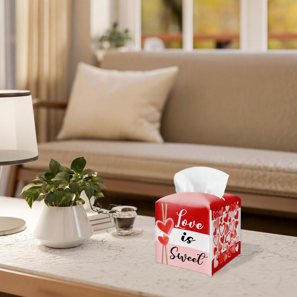Happy Valentine's Day Red Heart Design Tissue Box Cover - Love Is Sweet PU Leather Waterproof Tissue Holder - Festival Facial Paper Organizer for Home Bathroom Office-Desk Decorative Dispenser Box-B09