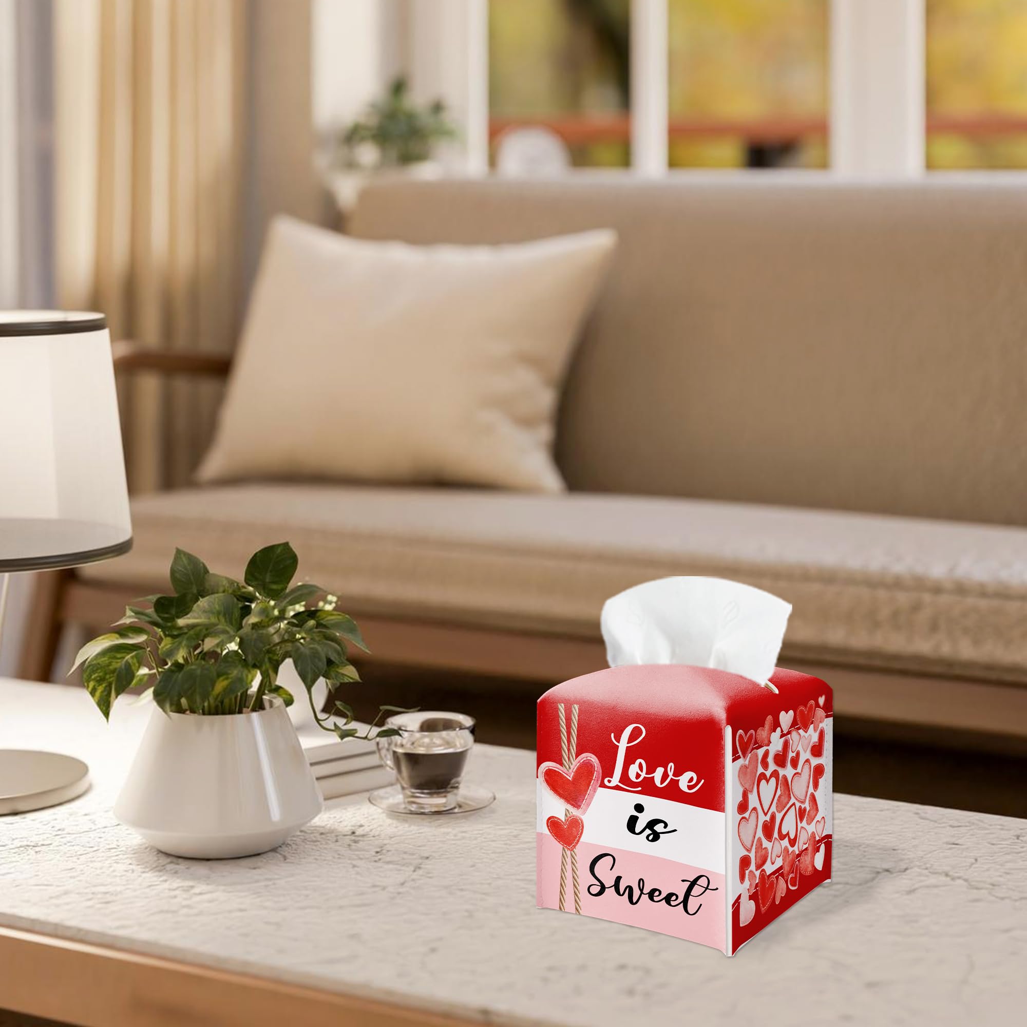 Happy Valentine's Day Red Heart Design Tissue Box Cover - Love Is Sweet PU Leather Waterproof Tissue Holder - Festival Facial Paper Organizer for Home Bathroom Office-Desk Decorative Dispenser Box-B09