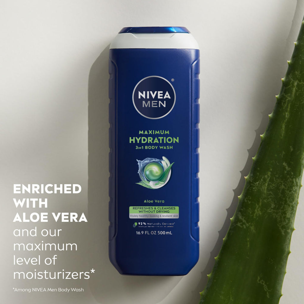 NIVEA MEN Maximum Hydration Body Wash for Dry Skin, Aloe Vera Enriched, 3-in-1 Moisturizing Body Wash, Face and Hair, Paraben Free, Vegan Formula, 16.9 Fl Oz Bottle, Pack of 3