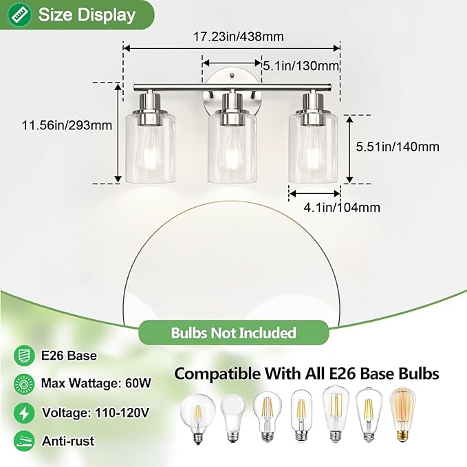 Zarbitta 3-Light Bathroom Light Fixtures, Brushed Nickel Vanity Light, Farmhouse Wall Lights with Clear Glass Shade, Bathroom Wall Lamp for Mirror Kitchen Bedroom Hallway Living Room Hallway Cabinet