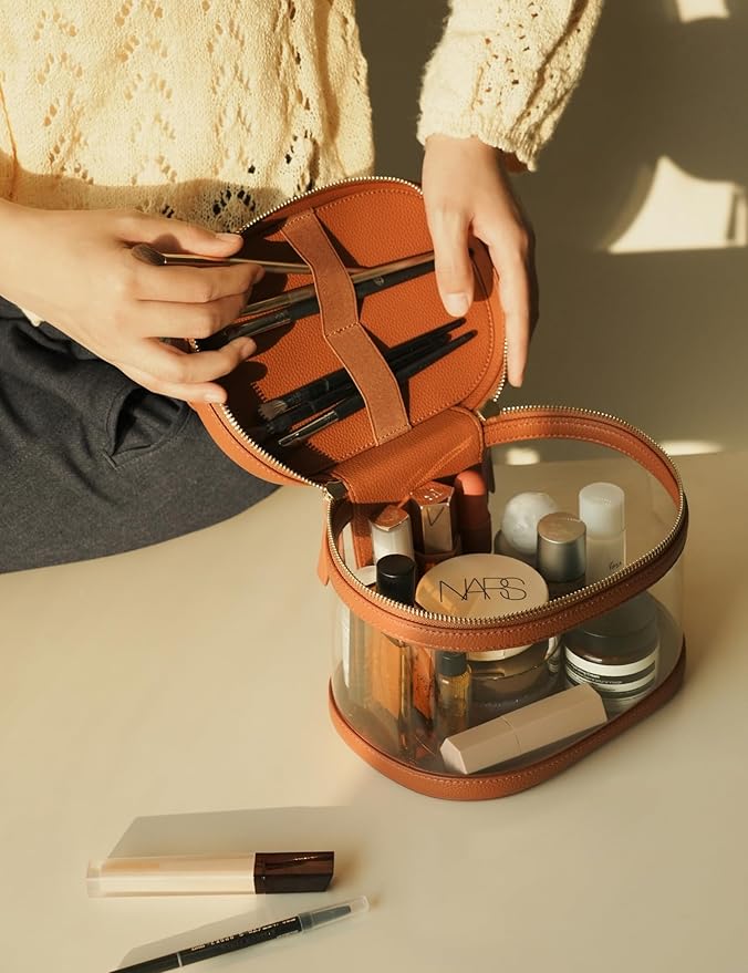 Popvibe Travel Makeup Case Clear Vanity Bag with Brush Holder, Compact Leather Train Case Brown Make Up Bag Storage Organizer Luxury Cosmetic Case Travel Essentials Cute Portable with Handle