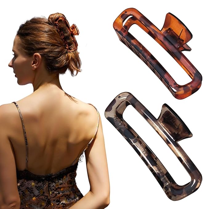 Nalodu Hair Claw Clips 5 Inch XL Unbreakable Glossy Rectangle Square Extra Large Tight Strong Clip Neutral Colors for Thick Curly Long Hair Women - 2 Pack