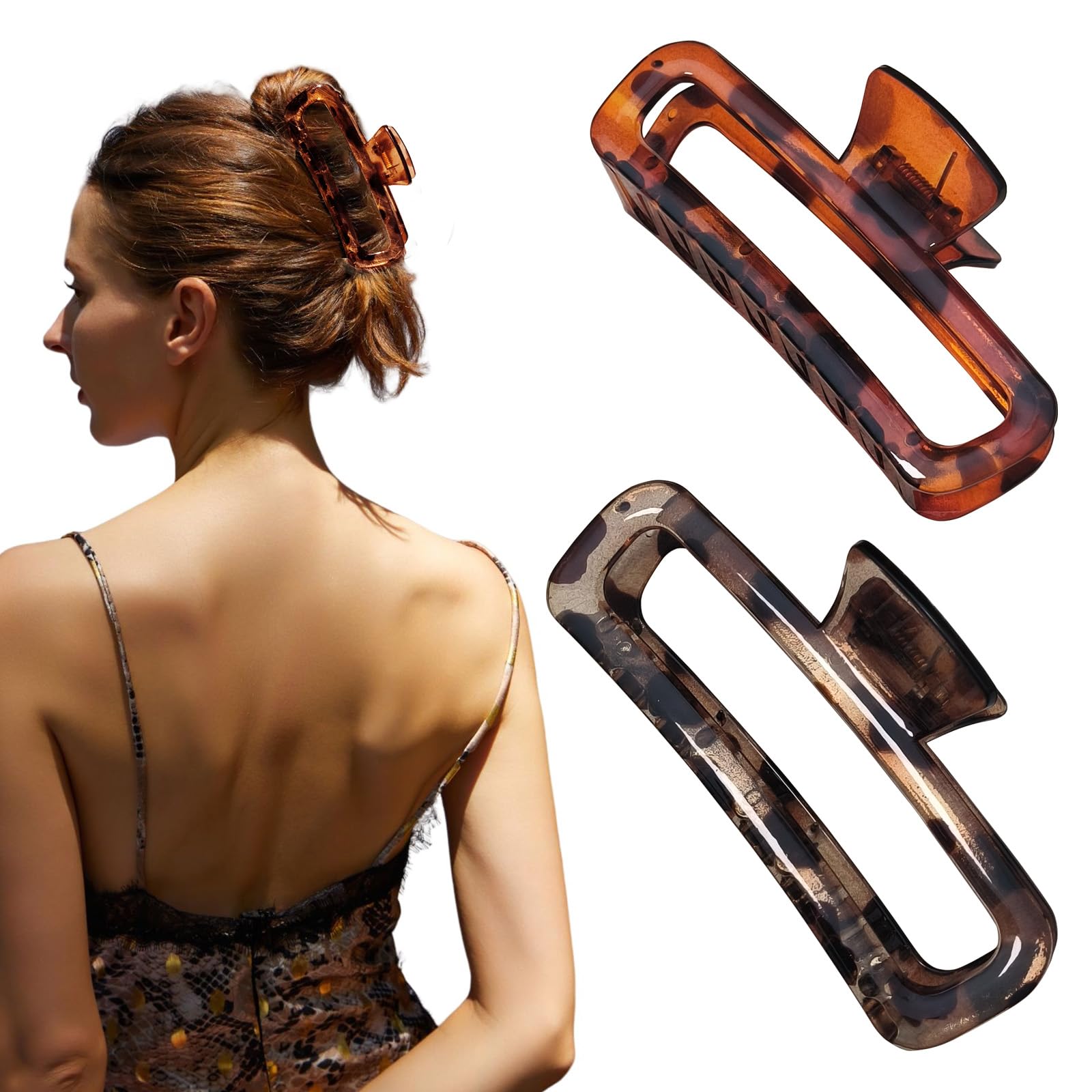 Nalodu Hair Claw Clips 5 Inch XL Unbreakable Glossy Rectangle Square Extra Large Tight Strong Clip Neutral Colors for Thick Curly Long Hair Women - 2 Pack