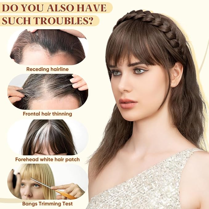 SARLA Braided Headband with 3 Detachable Clip in Bangs Fringe Hairpieces Fake Synthetic Hair Band Bangs for Women Beige Multi