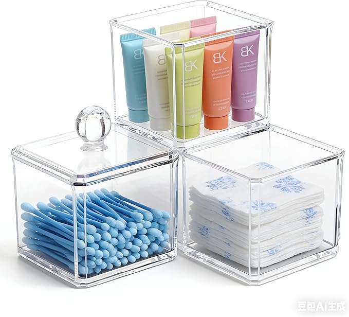 UShioart Stackable Square Acrylic Cotton Ball Holder Q-tip Holder Bathroom Swab Dispenser (3-Pack)