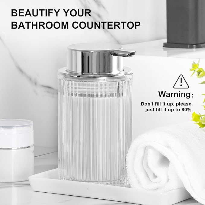 Foaming Soap Dispenser, 11 Fl Oz Clear Glass Foam Hand Soap Dispenser for Bathroom & Kitchen, Refillable Foaming Bottle with Sliver Pump, Modern Ribbed Dish Soap Foam Dispenser