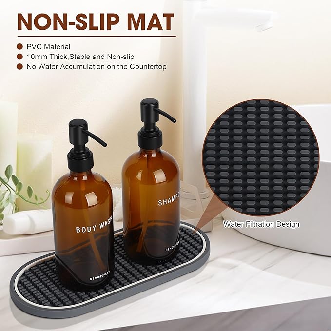 Nemosupery Amber Glass Shampoo and Conditioner Dispenser Set – 16.9oz Refillable Bottles with Stainless Steel Pump, Non-Slip Mat & Waterproof Labels –Shampoo Conditioner Body Wash Dispenser for shower