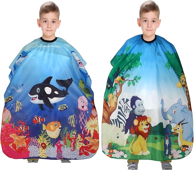 Kids Hair Cutting Cape (2 Pack) Professional Children Salon Barber Apron for Boys and Girls (Cartoon Sea Animals & Cartoon Wild Animal)