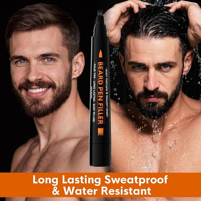 3-Pack Beard Pencil Filler for Men (Black), Four-fork Tip Beard Styling Pen