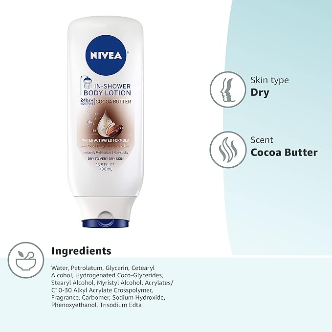 NIVEA Nourishing In Shower Body Lotion, Cocoa Butter, 13.5 FL OZ