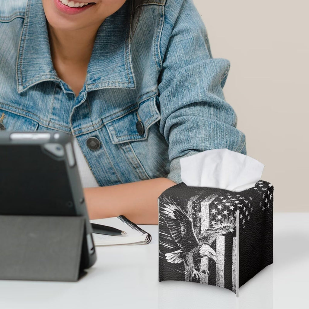 Pzuqiu American Flag Eagle Portable Tissue Box Holder, Lightweight PU Leather Square Tissue Cover with Metal Button, Easy Refill Waterproof Napkin Dispenser for Travel, Car, Office, and Bedroom