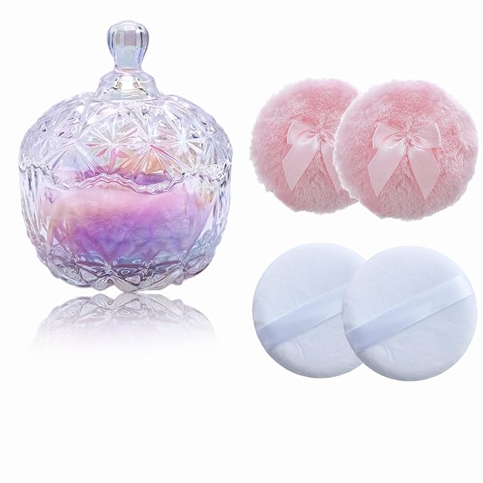 Qopoto 5 Pieces Large Body Powder Puff and Powder Container, Crystal Case for Dust Puff, Powder applicator with Box for Face and Body (Glitter, Crown)