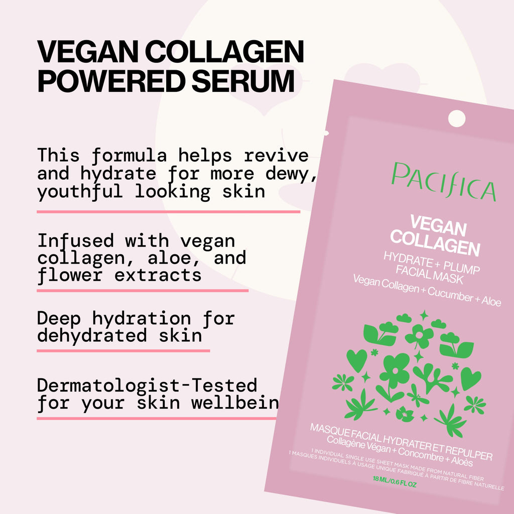 Pacifica Sheet Face Mask - Vegan Collagen Hydrate & Plump with Cucumber & Aloe – Moisturizing Mask for Dry & Aging Skin - Clean Beauty Vegan & Cruelty-Free Dermatologist Tested