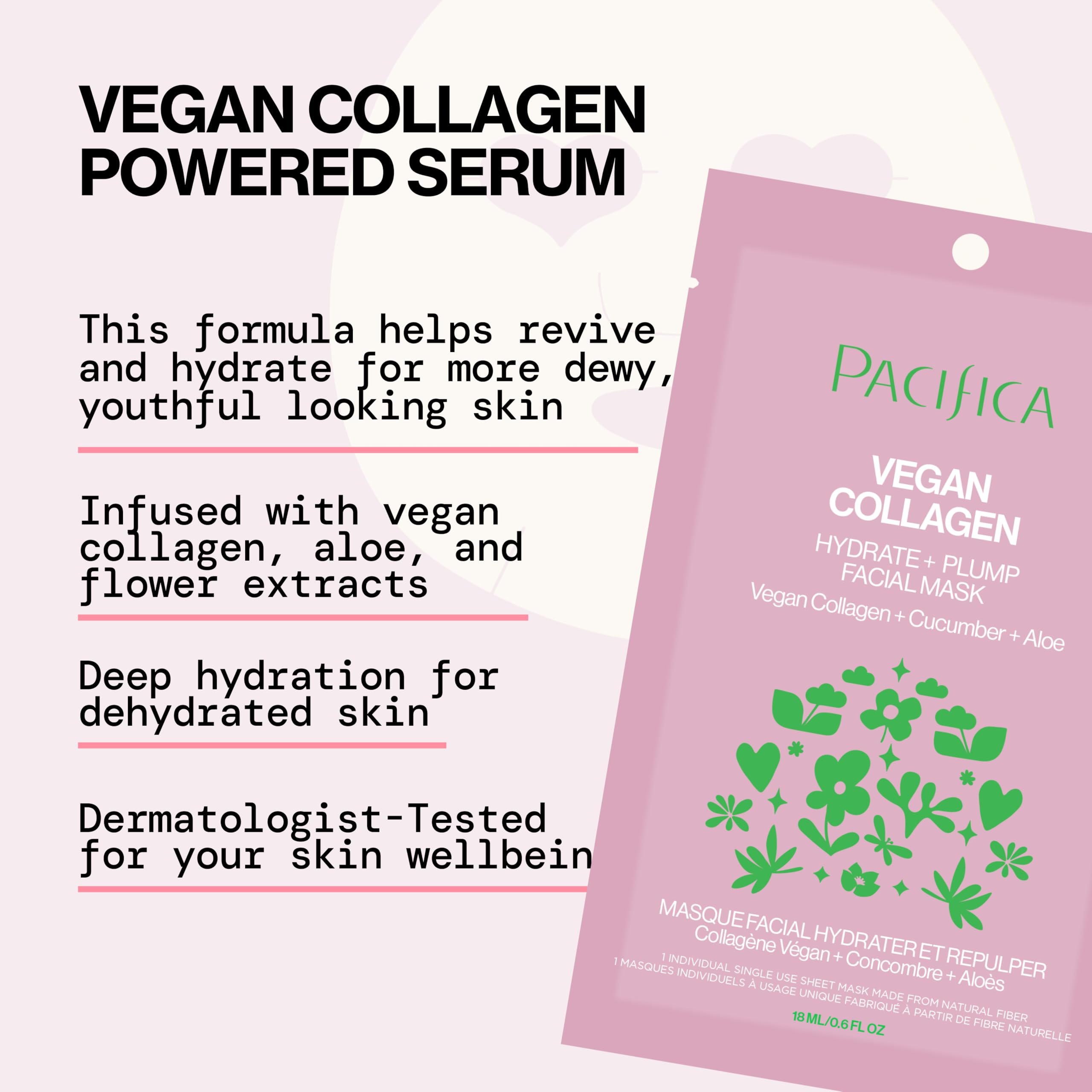 Pacifica Sheet Face Mask - Vegan Collagen Hydrate & Plump with Cucumber & Aloe – Moisturizing Mask for Dry & Aging Skin - Clean Beauty Vegan & Cruelty-Free Dermatologist Tested
