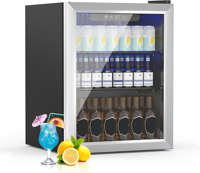 Erivess Beverage Refrigerator, 1.6 Cubic Feet/70 Can Fridge for Soda Beer or Wine with Adjustable Shelve & LED Display, Small Refrigerator for Home/Bar/Office(Silver)