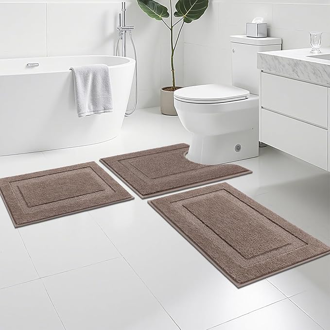 SHACOS Coffee Brown Bathroom Rugs Sets 3 Piece Bath Mat U Shaped Toilet Rug