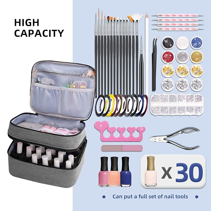 AGX Bravo Travel Nail Polish Organizer Double Layer Carrying Case for Fingernail Polish, Holds 30 Bottles with Dividers Portable Large Storage Case for Gel Nail Polish Holder, Grey (BAG ONLY)