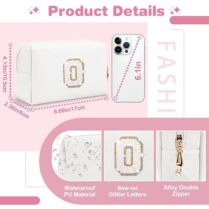 Small Initial Patch Makeup Bag Personalized Gifts Make Up Bag,White Cute PU Leather Glitter Letter Cosmetic Bag with Zipper,Trendy Portable Travel Toiletry Pouch,Preppy Stuff for Teen Girls Women O
