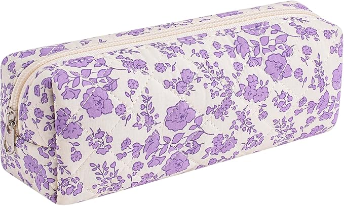 WHHJM Cute Floral Makeup Brush Bag Small Cotton Quilted Cosmetic Bag for Women Travel Toiletry Zipper Make Up Pouch (Light Purple Floral)