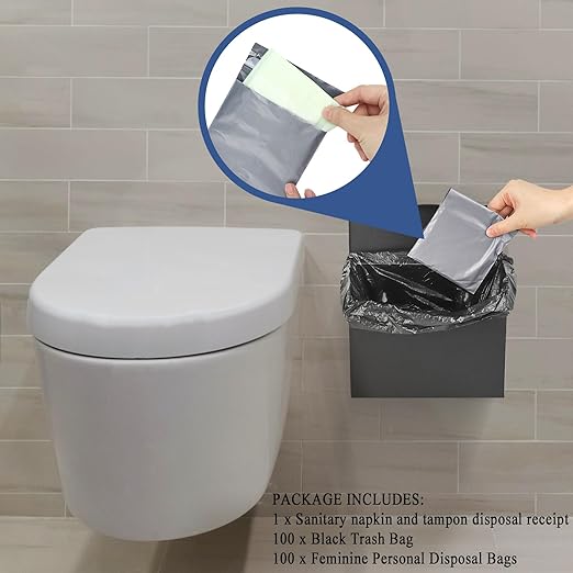 FAOEHN Sanitary Napkin Disposal Receptacle with Hygiene Disposal Bags and Trash Bag,9.4x7.8x3.5 inches Stainless Steel Wall Mounted Feminine Hygiene Disposal Trash Can Bin for Bathroom,Office (Black)