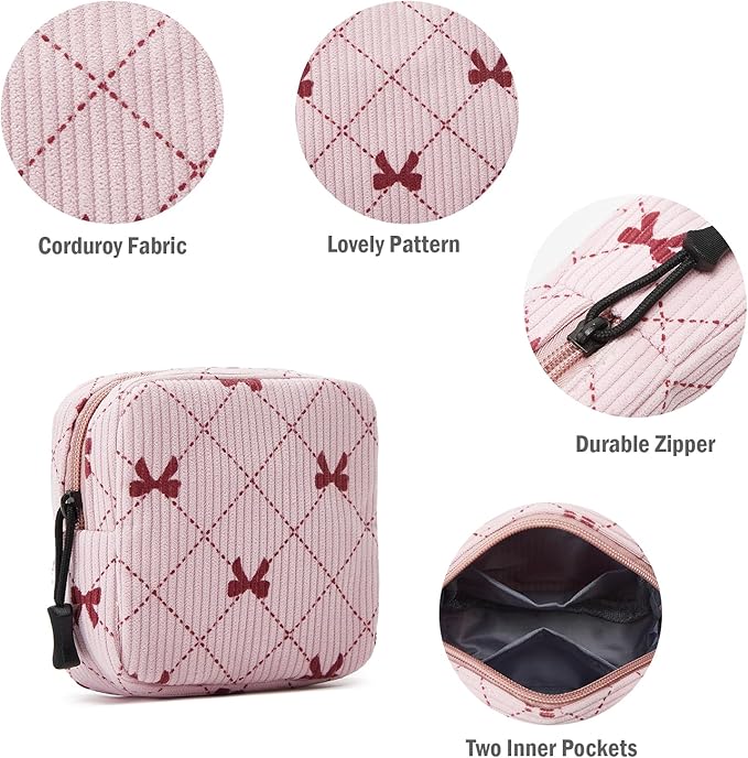 ZOEMTIU Small Makeup Bag for Purse,Mini Cosmetics Bag cute Zipper corduroy Cosmetic Pouch Storage Pouch Travel Toiletry Organizer for Women Girls(Bowknot Pink)