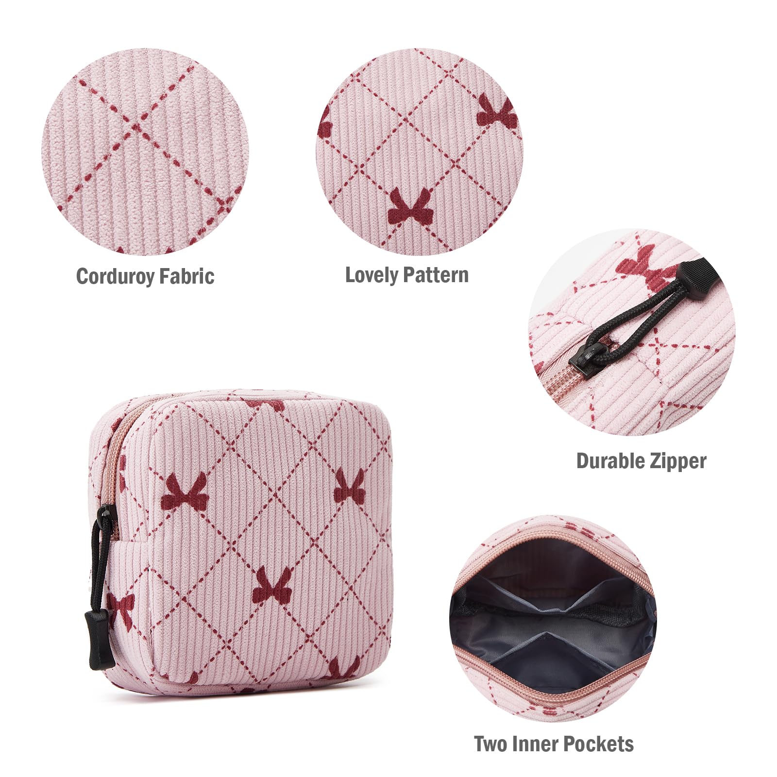ZOEMTIU Small Makeup Bag for Purse,Mini Cosmetics Bag cute Zipper corduroy Cosmetic Pouch Storage Pouch Travel Toiletry Organizer for Women Girls(Bowknot Pink)