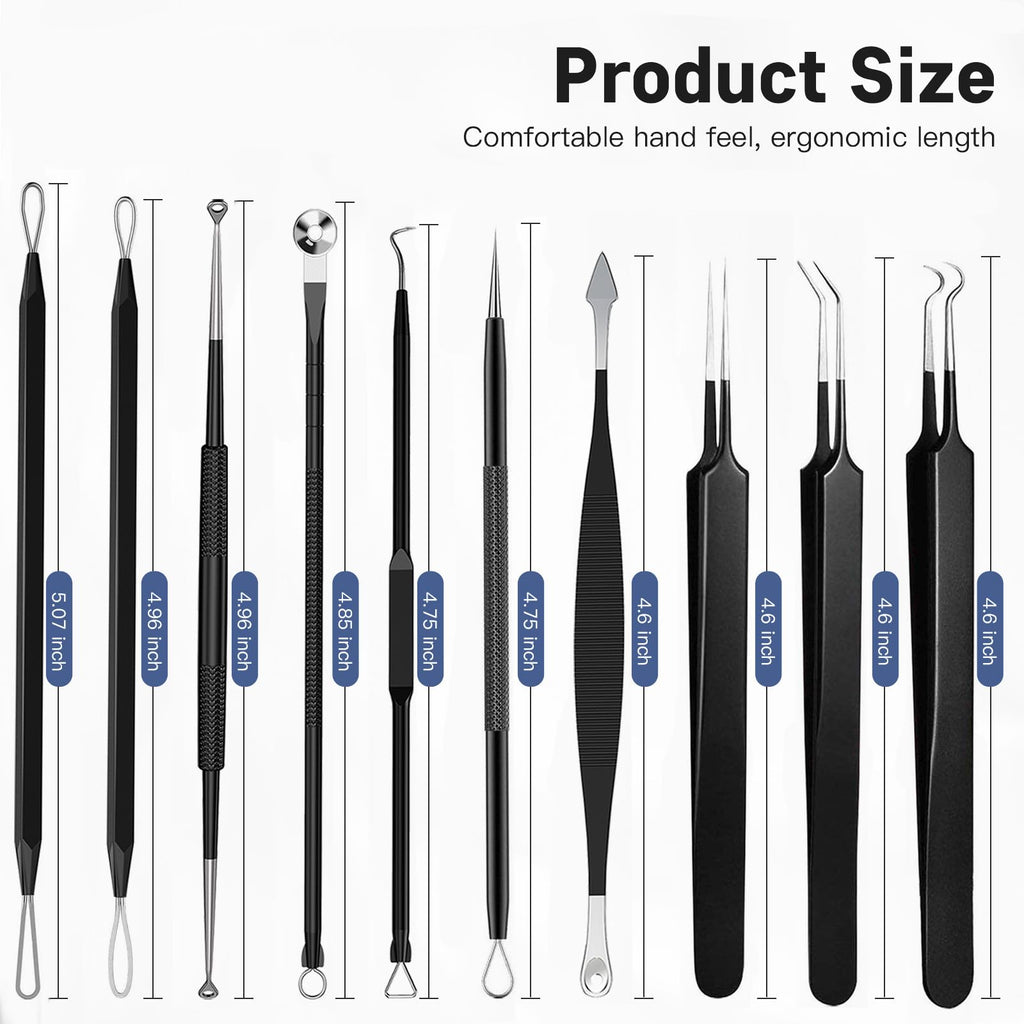 Professional Pimple Popper Tool Kit,10 PCS Blackhead Remover Tweezers,Extractor Acne Removal Kit for Easy Removal for Pimples,Comedone Extractor Tools for Removing Zit,Acne Removal Kit (Black)