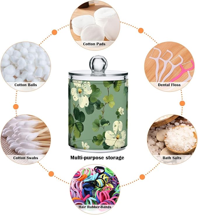 2 Pack Qtip Holder Dispenser for Cotton Ball White Flower Green Leaves Swab Cotton Round Pads Clear Plastic Acrylic Jar Set Bathroom Canister