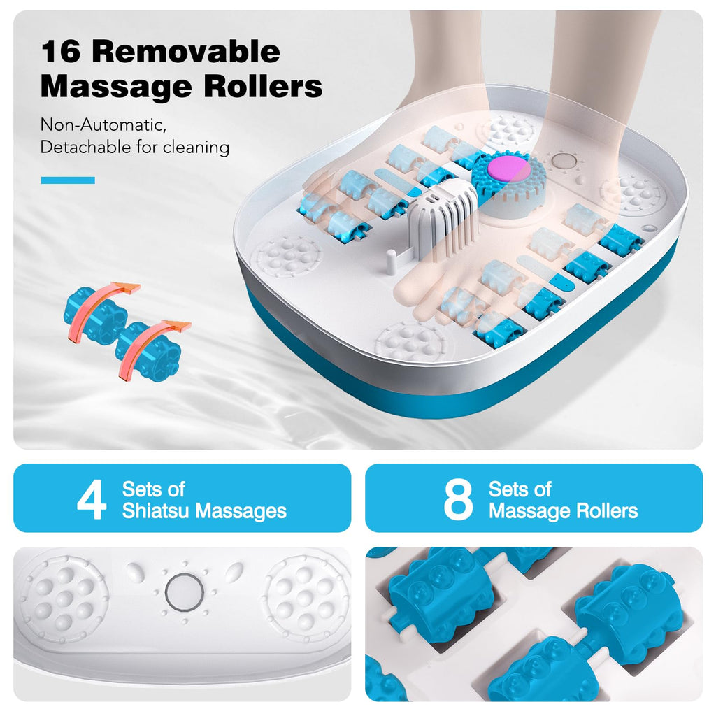 KNQZE Collapsible Foot Spa Bath with Heat & Bubble, Foot Soaking Tub with Timer and Red Light, 16 Rollers & Pumice Stone, Enjoy Warm Water Foot Bath, Gift for Wife and Mom, Blue