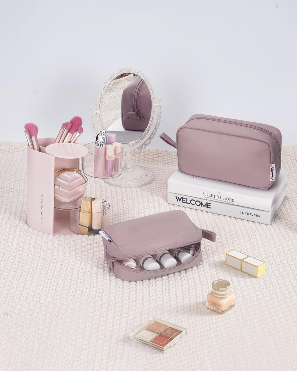 Narwey Cute Makeup Bag Small Toiletry Bag Travel Cosmetic Bag Organizer Make Up Bags with Organized Pockets for Women (Dusty Rose, Large)