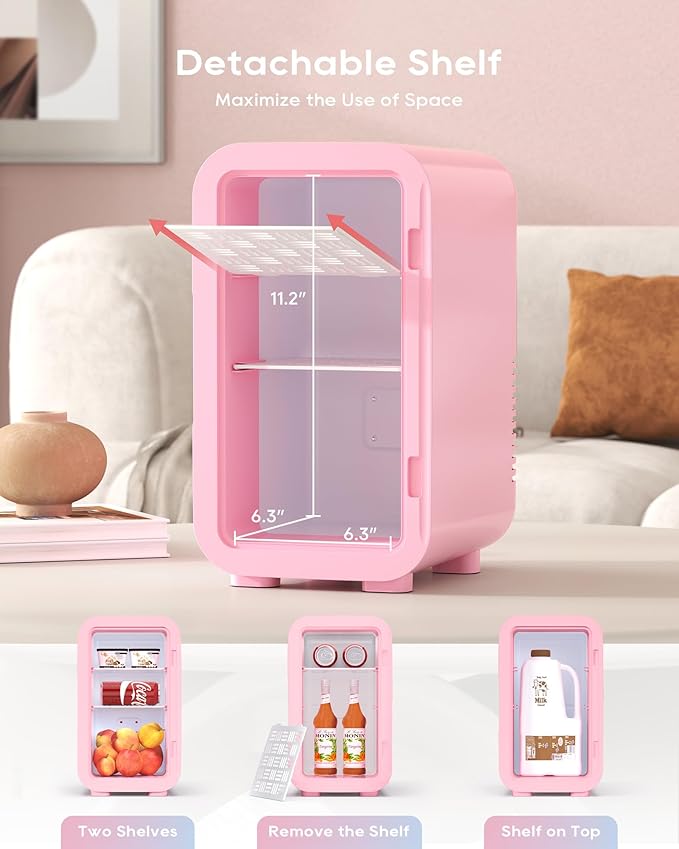 BEICHEN Mini Fridge, 6 Liter/8 Can Skincare Fridge, 110V AC/DC Portable Thermoelectric Cooler & Warmer for Skin Care, Cosmetics, Beverage, Food, Great for Bedroom, Office, Dorm (Pink)