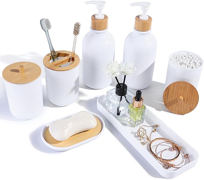 FNGJMJG Matte Black Bathroom Accessories Set 7 Pcs,Bamboo Bathroom Accessories Sets,Black Soap Dispenser and Toothbrush Holder Set,Qtip Holder,Vanity Tray,Soap Dish,Modern Bathroom Decor