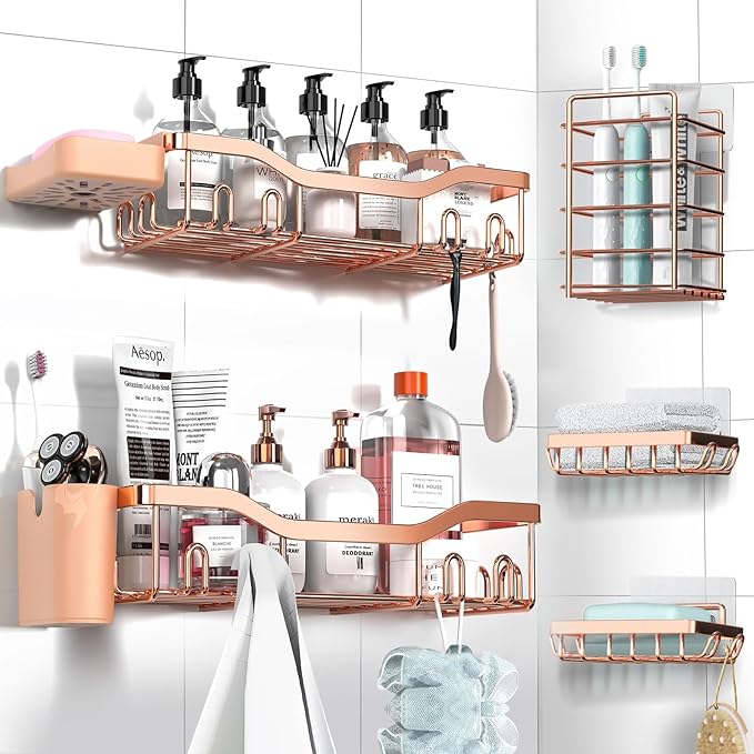 NESOMI Shower Caddy Adhesive Shower Organizer 7-Pack, Rustproof Stainless Steel Bathroom Shelves, Large Capacity No-Drill Rack Storage Accessories with Soap Dish Toothbrush Holder Hooks